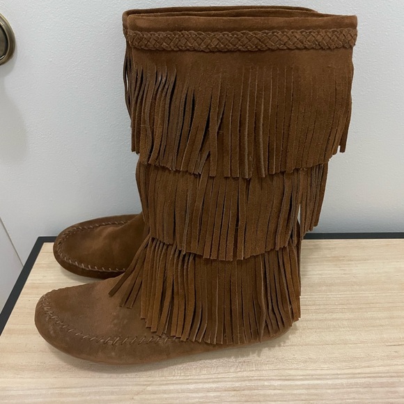 Minnetonka Brown Fringe Suede Boots - Picture 2 of 4